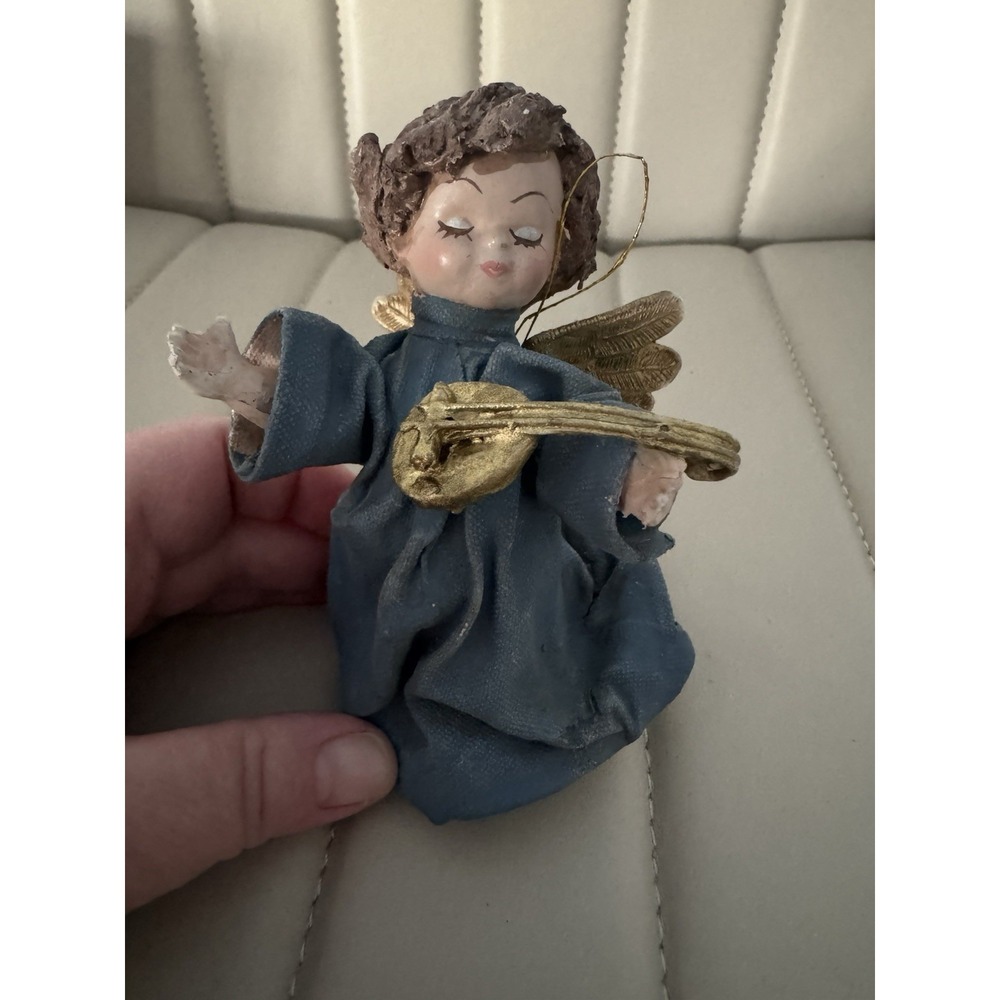 Vintage Christmas Angel Playing Lute 4.5" Holiday Ornament